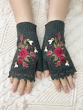 levne Dámské rukavice-Dámské vánoční vyšívané rukavice – květinový vzor se včelami, materiál bavlněná příze, dostupné v několika barvách, ideální pro zimní svátky a slavnostní příležitosti