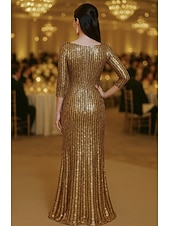 cheap Sheath Evening Dresses-Sheath Column Floor Length Evening Gown Ball Gown Formal Dress Elegant Silky Half Sleeve Boat Neck Wedding Formal Sequined with Glitter Sequin