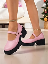 baratos Sapatos Mary Jane-Sapatos plataforma mary jane femininos bordô com tira de fivela, sola grossa, estilo casual e chique para inverno, natal e uso diário
