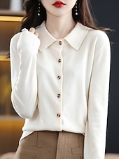 ieftine Cardigan simplu-Pentru femei Pulover Casual Culoare solidă Guler Cămașă Nasturi Manșon Lung Topuri obișnuite Tricotat Casă Zilnic Concediu Negru Alb Toamnă Iarnă