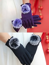 abordables Guantes de mujer-Guantes táctiles navideños para mujer con pompones de piel sintética de conejo, tejido de poliéster cálido, varios colores, perfectos para la moda de invierno y regalos navideños.