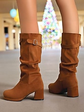 cheap Fashion Boots-Women's Red Suede Slouch Boots with Buckle Detail, Chunky Block Heel, Stylish and Comfortable, Perfect for Winter, Christmas and Casual Occasions