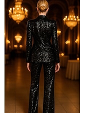 baratos Fatos Femininos-Black Women's Blazer Two Piece Formal Wedding Guest Sequin Elegant Tuxedo Long Sleeve Slim Peak Single Breasted