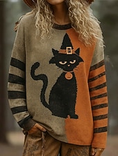 economico Top di Halloween-Pullover da Donna Halloween Grafica Gatto Zucca Moda Vintage Classica Maniche Lunghe Collo Girocollo Top Regolari Stampa Causale Arancione Autunno Inverno