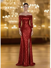 cheap Mermaid Evening Dresses-Mermaid / Trumpet Floor Length Prom Dresses Evening Gown Ball Gown Formal Dress Elegant Vintage 3/4 Length Sleeve Off Shoulder Formal Wedding Sequined with Ruched Sequin Slit