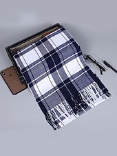 levne Pánské kravaty a motýlky-Pánská vánoční kostkovaná šála – stylová polyesterová šála s třásněmi – dostupná v několika barvách – teplý sváteční doplněk pro muže