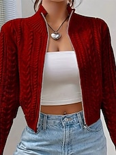 cheap Sweater Jackets-Women's Sweater Cardigan Elegant Fashion Cute Solid Color Stand Collar Zipper Knitted Print Long Sleeve Regular Tops Knit Outdoor Daily Holiday Wine Red Black Fall Winter
