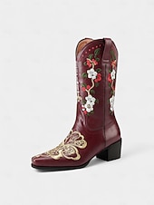 abordables Botas de moda-Botas vaqueras bordadas de piel sintética roja para mujer con diseño floral, tacón de bloque, estilo retro western, perfectas para festivales, salidas informales y Navidad.