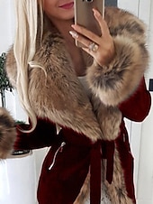 abordables Fourrures &amp; Cuirs-Femmes Manteau d&#039;Hiver Manteau Manteau en Fausse Fourrure Chaud Confortable Patchwork Occasionnel Uni Extérieur Vacances Sortir Week-end Long Col Rabattu Mince manche longue Vêtements d&#039;extérieur