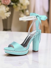 abordables Demoiselle d&amp;#39;honneur-Escarpins à plateforme en satin rose pour femme avec bride cheville en perles et nœud - sandales élégantes à talons hauts pour cocktails et événements formels