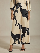 preiswerte Damenhosen-Damenhose mit weitem Bein, Satin, abstrakter geometrischer Druck, elastische Taille, plissiert, lässig, Urlaub, elegant, Frühling, Sommer, Herbst