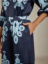 abordables Blusas y camisas-Blusa de mujer azul con bordado floral, cuello camisero, manga 3/4, estilo bohemio, informal, elegante, para vacaciones de verano.