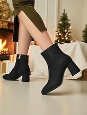 baratos Botas de tornozelo-Botas femininas vermelhas de salto alto com zíper, design elegante de salto grosso, perfeitas para festas de Natal, eventos de feriados e uso diário