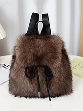 abordables Sacs à Dos de Mode-Sac à dos en fausse fourrure pour femme, sac à dos élégant avec cordon de serrage pour une tenue décontractée, matière en peluche douce, parfait pour un usage quotidien et les tenues d'hiver