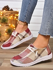 abordables Zapatillas de mujer-Zapatos sin cordones a cuadros para mujer: zapatos casuales y acogedores para Navidad, reuniones de invierno y relajación festiva.