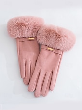 tanie Rękawiczki damskie-Damskie rękawiczki z ekranem dotykowym, materiał ze sztucznego futra poliestrowego, przytulne zimowe rękawiczki na Boże Narodzenie, eleganckie i stylowe, idealne na świąteczny prezent