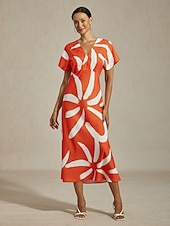 abordables vestido casual-Vestido largo de satén con estampado abstracto para mujer, manga dolman, escote en V, cintura anudada, elegante, informal, para vacaciones, primavera, verano y otoño.