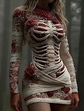 tanie Sukienki swetrowe-Sukienka mini dla kobiet sukienka swetrowa wakacje casualowa boho codzienna świąteczna na wyjście slim fit graphic skull długi rękaw okrągły dekolt czerwony jesień zima