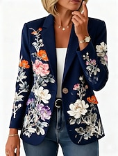 Недорогие Пиджаки и костюмы-Жен. Блейзер Сохраняет тепло Удобный Карман Пуговицы С принтом Повседневные На каждый день Цветочный принт Официальные Офис Повседневные Однобортный крой Обычная Лацкан с тупым углом Стандартный