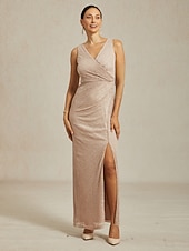 Robe longue en mousseline de soie pour femme, robe portefeuille, robe plissée, paillettes, asymétrique, élégante, formelle, cocktail, mariage, invité, soirée, cocktail, métallique, sans manches, col abordables Robes en chiffon-Robe longue en mousseline de soie pour femme, robe portefeuille, robe plissée, paillettes, asymétrique, élégante, formelle, cocktail, mariage, invité, soirée, cocktail, métallique, sans manches, col
