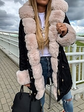 billige Pels &amp; Lær-Dame Vinterfrakk Frakk Fuskepels Hold Varm Bekvem Lomme Knapper Fritid Fargeblokk Feriereise Gate Avslappet Ferie Lang Med hette Normal Langermet Yttertøy Svart Rosa Brun Høst Vinter