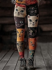 abordables Animales Impresión-Mujer Leggings Vacaciones Moda Vintage Largo Completo Cintura Alta Gráfico Gato Impresión Abstracta Térmica Cálida Suave Transpirable Elástico Formal Exterior Vacaciones Blanco y Negro Negro Gris