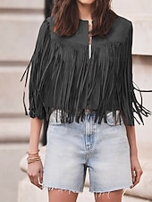 tanie Zwykły zbiornik-Damskie Bluzka Frędzel Równina Zachodni Bez rękawów W serek Zwykłe topy Święto Wyjściowe Czarny Jasnobrązowy Lato Wiosna