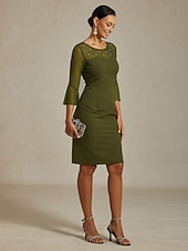  Dam Midiklänning Sheath Dress Elegant Normal Ensfärgat Halvlång ärm Rund hals Oliv