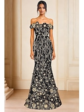 baratos Vestidos de Festa Sereia-Sereia Vestidos de noite Elegante Traje formal Formal Casamento Longo Sem Manga Ombro a Ombro Tule com Apliques 2025