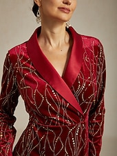 cheap Cocktail Dress-Christmas Women's Midi Dress Blazer Dress Shift Dress Velvet Dress Glitter Elegant Birthday Party Cocktail Party Regular Fit Polka Dot Long Sleeve V Neck Wine Spring Winter