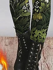 cheap Graphic Leggings-Women's Leggings Cozy Leggings Vintage Fashion Streetwear Full Length High WaistPantsUgly Christmas Floral Graphic Printing Fleece Thermal Warm Comfy Stretchy Outdoor Casual Daily Green Fall Winter