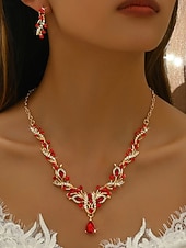 tanie Naszyjnik damski-damski komplet biżuterii z czerwonymi kryształkami, elegancki naszyjnik i kolczyki z kryształkami ze złotymi zdobieniami, idealny na imprezy i wesela &amp;wieczorne wydarzenia