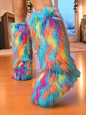 cheap Snow &amp; Winter Boots-Women&#039;s Multicolor Faux Fur Festival Boots, Fluffy Rainbow Knee-High Snow Boots for Rave, Party &amp; Winter Music Festivals