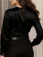  Per donna Camicia Elegant Elegante Top in raso Arricciato Bottoni Drappeggiato Tinta unica Semplice Elegante Vintage Signore Manica Lunga Scollo a V Top Regolari Quotidiano Lavoro Ferie Nero Bianco