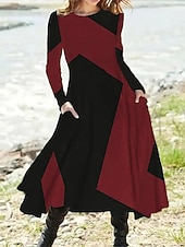 levne Tisknout květinové šaty-Dámské Midi šaty Šaty s potiskem Vinobraní Módní Moderní Denní Dovolená Jdeme ven Běžný Geometrický Dlouhý rukáv Tričkový Fialová Hnědá Tmavě šedá Šedá Jaro Podzim Zima