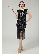  Roaring 20s 1920s Knee Length Flapper Dress Cap Sleeves The Great Gatsby Sequins Fringe Scoop Neck Fancy Dress Women's Christmas Carnival speakeasy Masquerade Retro Theme Party Adults' Dress