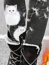 abordables -Mujer Polainas Leggings cómodos Moda Ropa de calle Básico Longitud total Alta cinturaPantsNavidad Graphic Gato Estampado Vellón Mantiene abrigado Confortable Elástico Exterior Casual Diario Negro