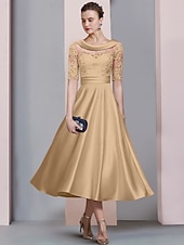 رخيصةأون طول الكاحل-A-الخط طول الساق فستان الحفلة فستان كوكتيل فستان زفاف ضيف فستان أم العروس نصف كم رقبة سكوب أنيق عتيق ضيف حفل زفاف ساتان دانتيل مع روش زينة