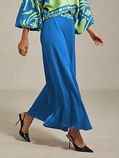 economico pantaloni da donna-pantaloni larghi da donna in raso blu con elastico in vita, plissettati, larghi ed eleganti, vestibilità primavera estate autunno