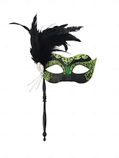 billige Maskerade Tilbehør-Håndholdt maskerademaske med grønn fjær for kvinner, strass og perledetaljer til julefest og Great Gatsby-ball &amp;karneval