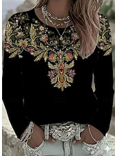 Women's T Shirt Floral Graphic Paisley Vintage Stylish Classic Long Sleeve Crew Neck Regular Tops Daily Print Black Spring Fall Winter3