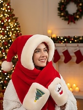 levne Dámské klobouky-Dámská vánoční sada šály a rukavic, kapuce s výšivkou Santy a stromečku, teplý zimní sváteční doplněk