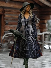 baratos Vestido de Caveira e Osso-Vestido Maxi Feminino Vestido em A Férias Casual Boho Praia Ajuste Regular Floral Gráfico Manga Longa Decote em V Preto Vermelho Escuro Vinho Vermelho Primavera Outono