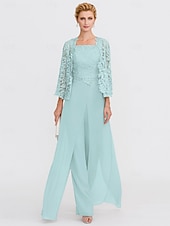 abordables Combinaisons pour maman-Pantalon de mariage de plage 3 pièces mère de la mariée invité de mariage élégant taille plus décolleté carré longueur de sol en chiffon dentelle cordée sans manches enveloppe incluse avec appliqués