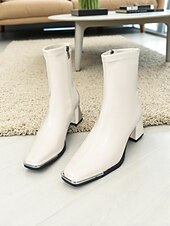 abordables Bottines-Bottines en similicuir verni noir pour femme, bout carré et talons compensés, bottines chics et modernes pour tenues décontractées et tenues de bureau &amp;soirée