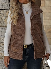 cheap Vest-Women's Winter Coat Fleece Vest Vest Warm Comfortable Patchwork Zipper Pocket Fashion Casual Solid Color Vacation Street Casual Daily Wear Regular Turndown Regular Fit Sleeveless Outerwear Khaki Dark