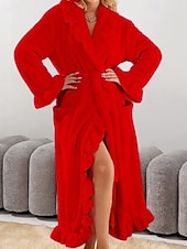 cheap Women's Onesies-Women's Pajamas Robe Flannel Warm Fashion Pure Color Ruffle Pocket Home Daily Bed Long Sleeve Crew Neck Black White Pink Red Purple Fall Winter Regular Fit
