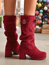 cheap Fashion Boots-Women's Red Suede Slouch Boots with Buckle Detail, Chunky Block Heel, Stylish and Comfortable, Perfect for Winter, Christmas and Casual Occasions
