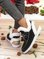 olcso Női karácsonyi cipők-Női Csizmák Hócipők Fűzős csizmák Téli csizma Karácsony Napi Gyapjú bélelt Csizmák Bokacsizmák Lapos Kerek orrú Alkalmi Műszőrme Ruhaanyag Papucs Fekete Rózsaszín Piros