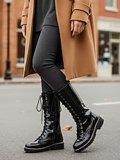 economico Stivali da combattimento-stivali da combattimento bianchi con lacci da donna, stivali classici casual preppy in pelle sintetica verniciata a metà polpaccio per ufficio, abbigliamento casual e attività all'aperto
